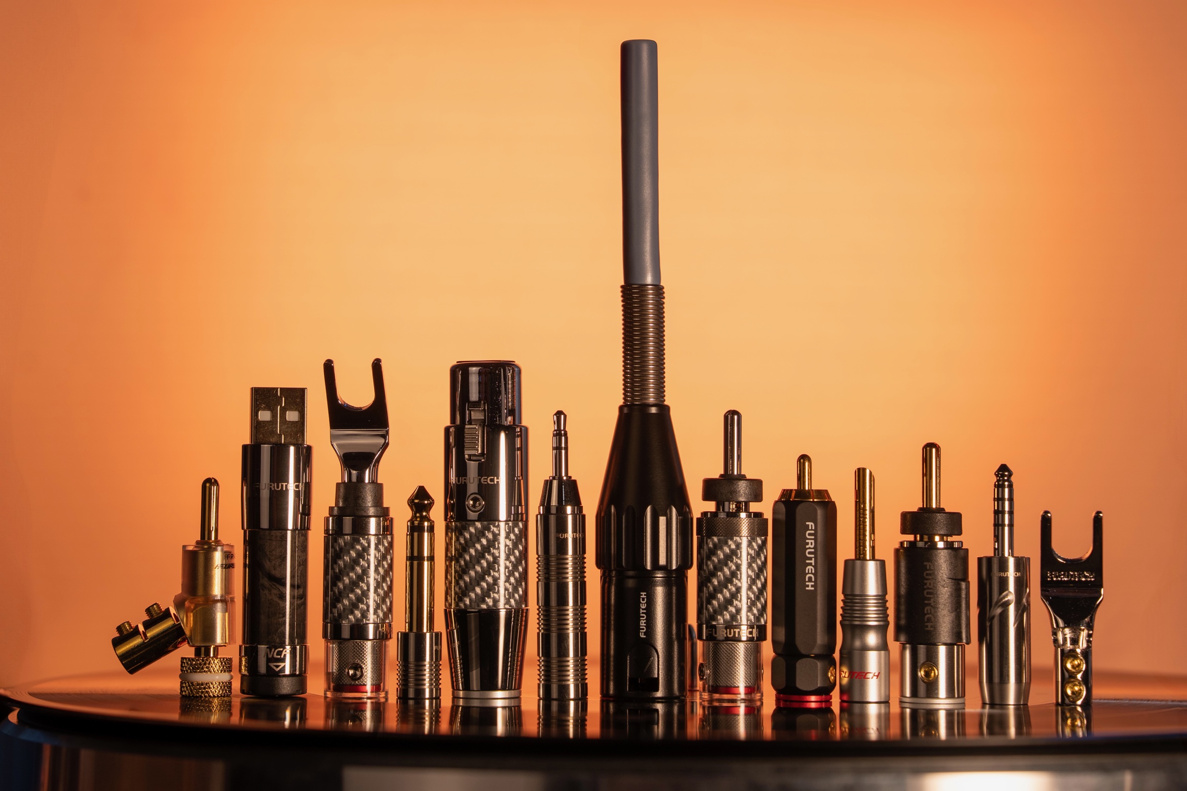 Furutech audio connectors composed as a miniature Burj Khalifa skyline